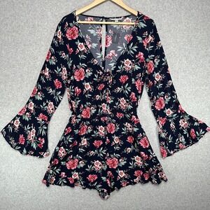 American Eagle Floral Bell Sleeve Tie Front Romper Women's M Navy Pink NWT